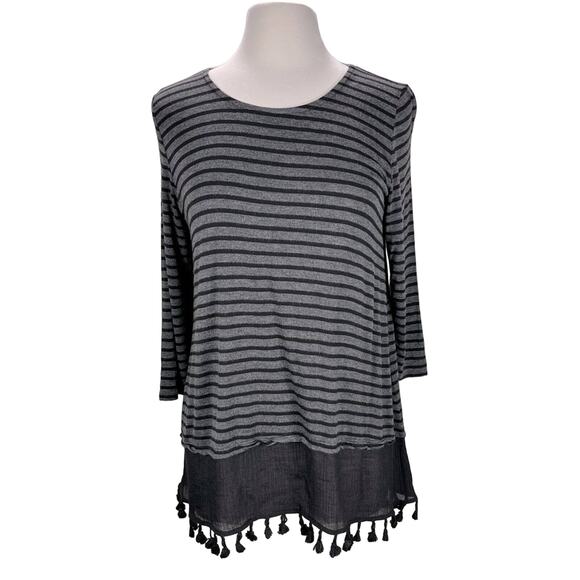NWOT HONEYME | Gray & Black Striped Tasseled Fringed Tunic Top | Women's S - Picture 1 of 4